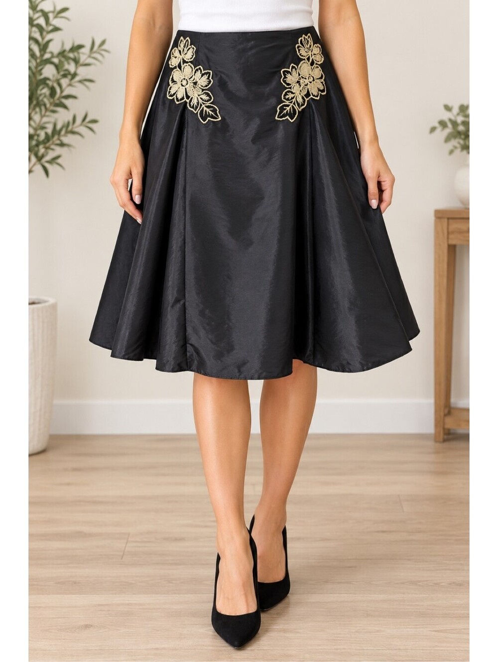 Metro 7 Black Satin Midi Skirt Gold Floral Embroidery A-Line Flared 10